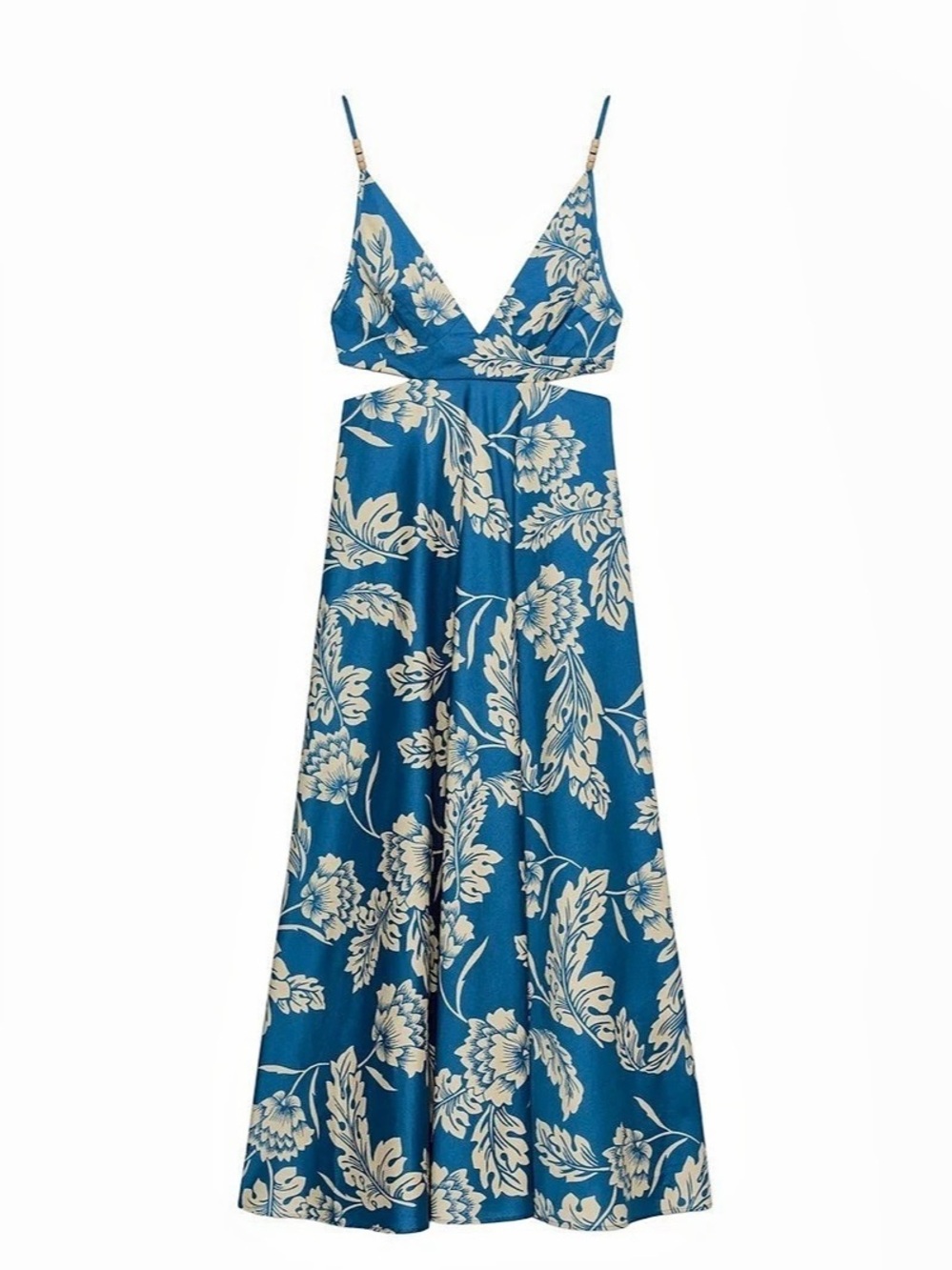 ZARA Printed Midi Dress with Vents Floral Blue & White Medium